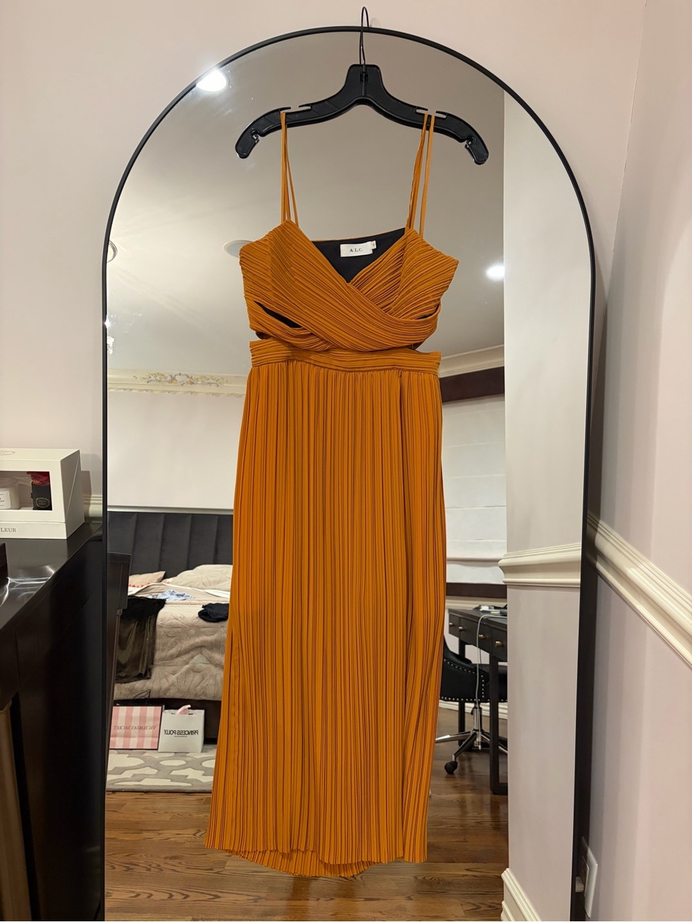 A.L.C. Mustard Pleated Midi Dress with Twist Bodice